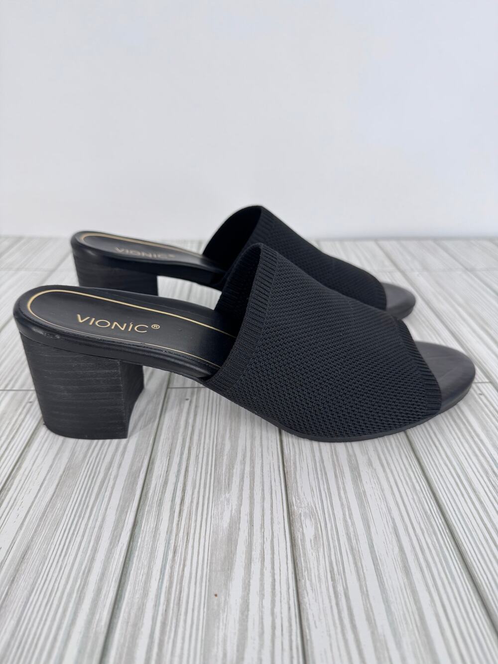 Vionic Fleur sandals women's 11 knit slip on open toe block heel shoes black